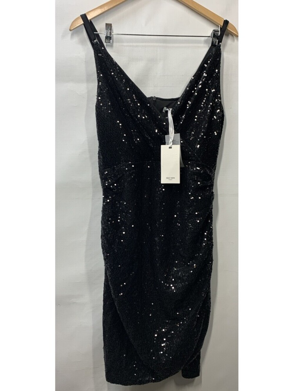 GRACE KARIN Sequin Dress Wrap V-Neck Ruched Bodycon Spaghetti Strap Black Large